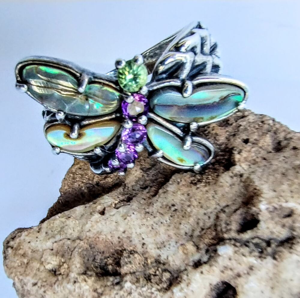 Carolyn Pollack NEW Sterling Silver Abalone Amethyst & Peridot Dragonfly Ring 8